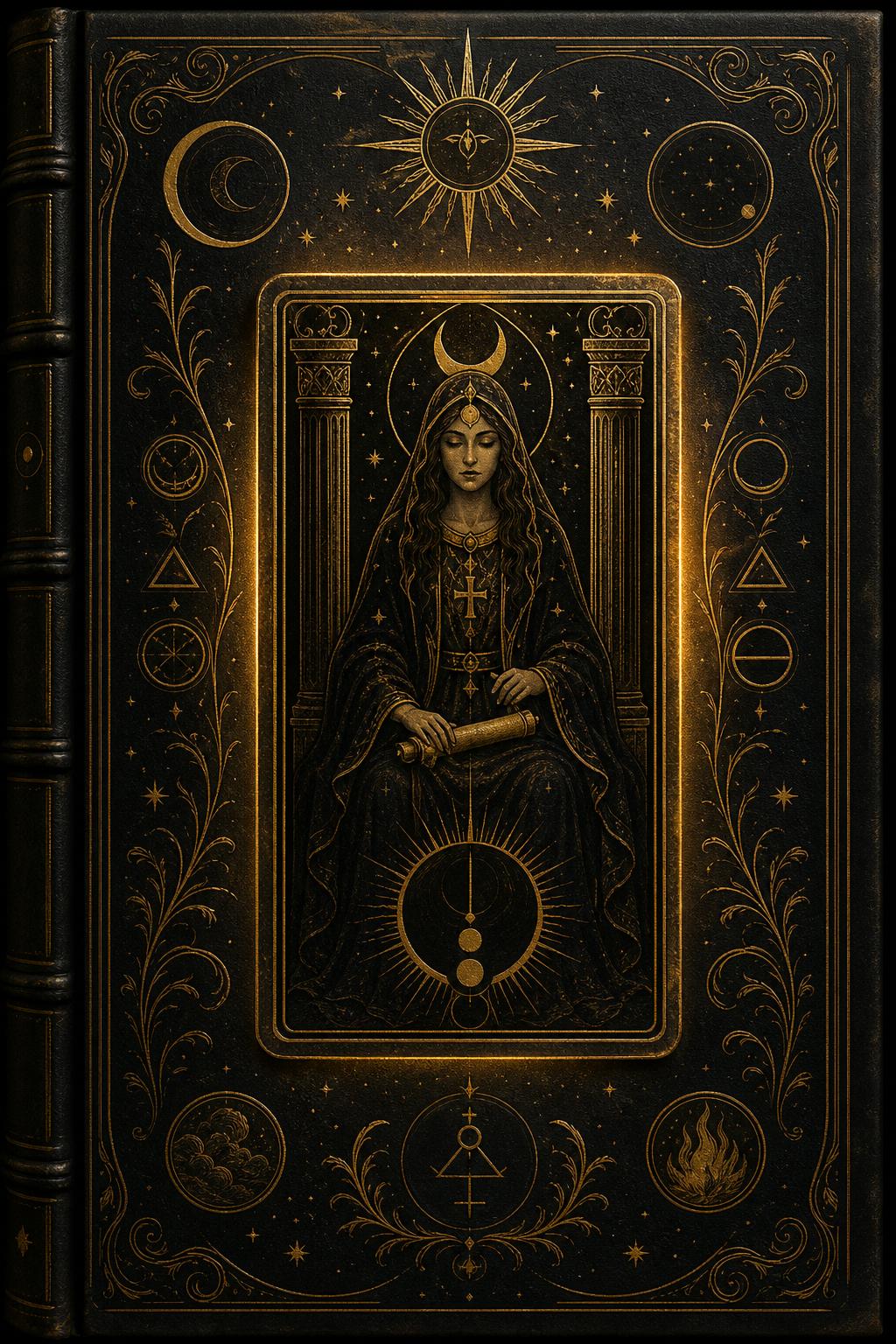 Tarot Symbolism Starter Guide Cover — gold tarot card on dark noir background with mystical symbols